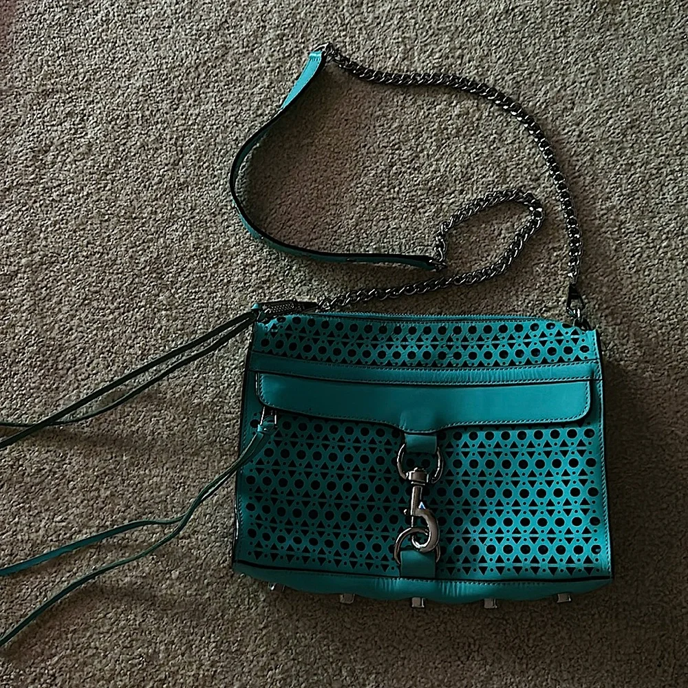 Aqua laser-cut leather Rebecca Minkoff M.A.C. crossbody bag w/ silver hardware - Picture 2 of 12